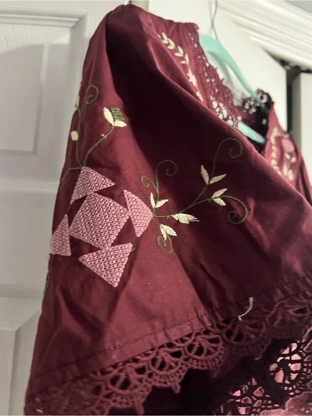 Embroidered Burgundy Women's Blouse with Lace Trim - Picture 3 of 10